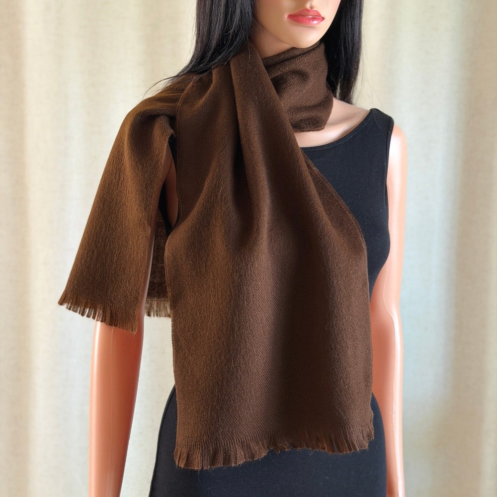 Vtg Brown Soft Knit Rectangular Scarf Fringe Trim Winter Wrap Earthy Minimalist